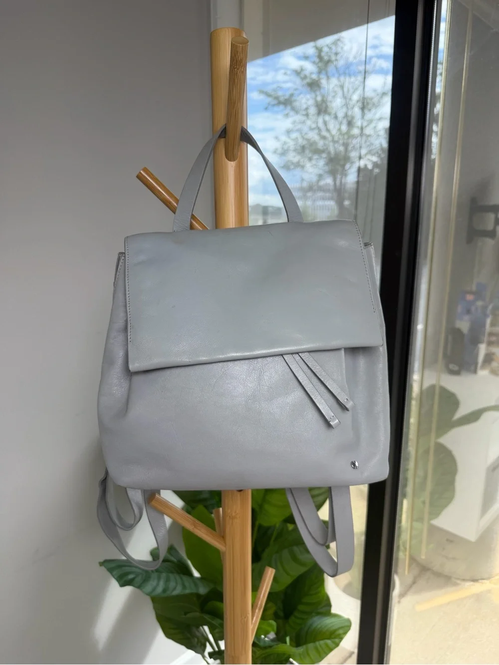 HALSTON Heritage Gray Glossy Leather Drawstring & Magnetic Flap Backpack